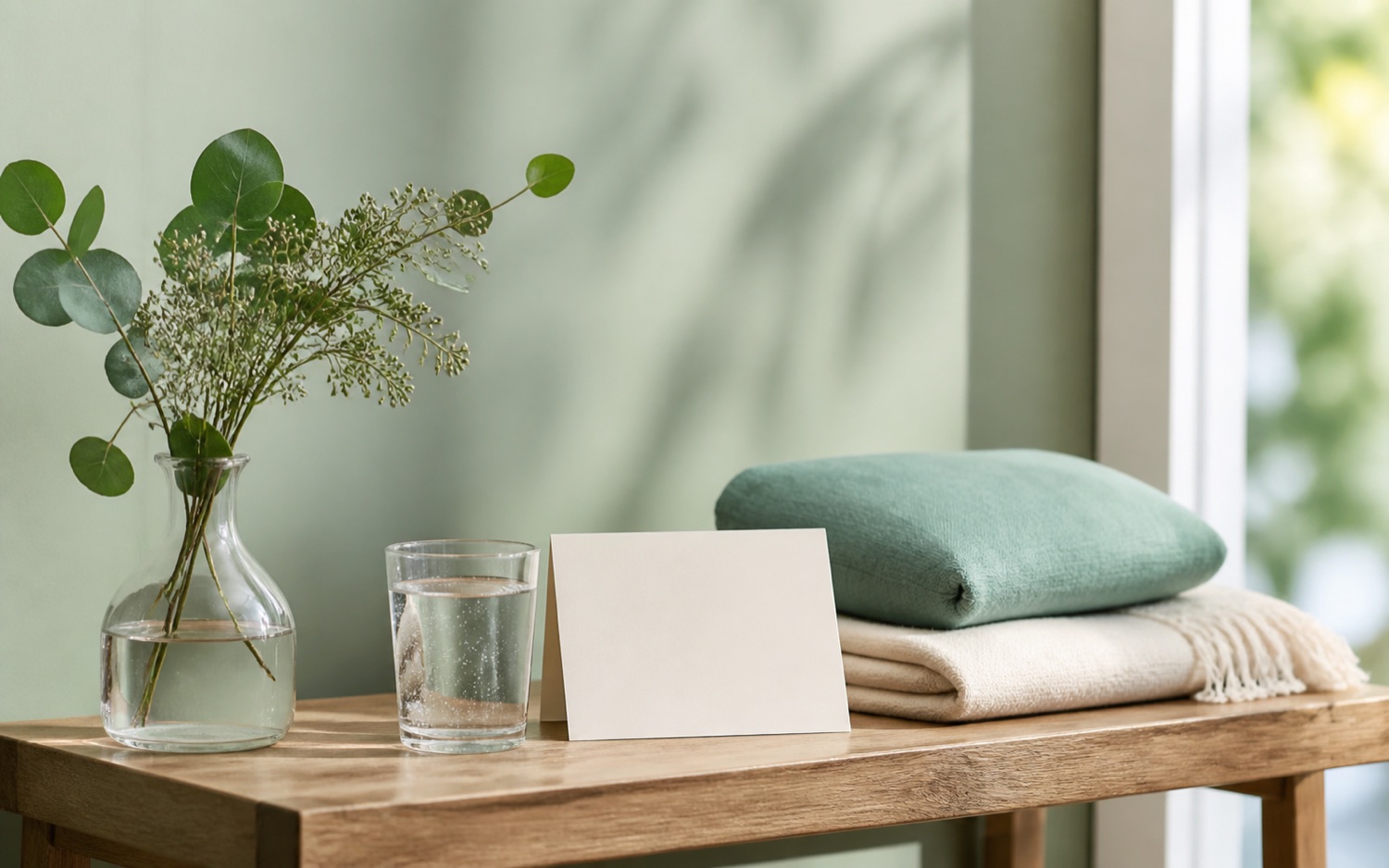 Calm wellness preparation table with water, soft linens and botanicals